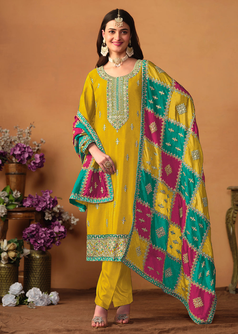 Buy Yellow Chinnon Silk Salwar Suit with Multicolor Dupatta