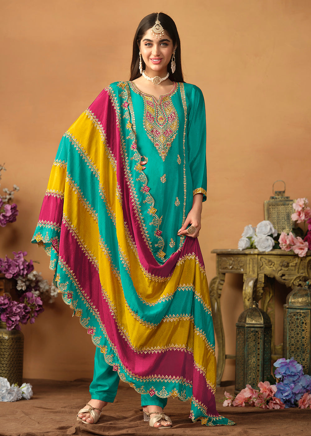 Churidar Turquoise Punjabi Suit Buy Chinnon Silk Turquoise Salwar