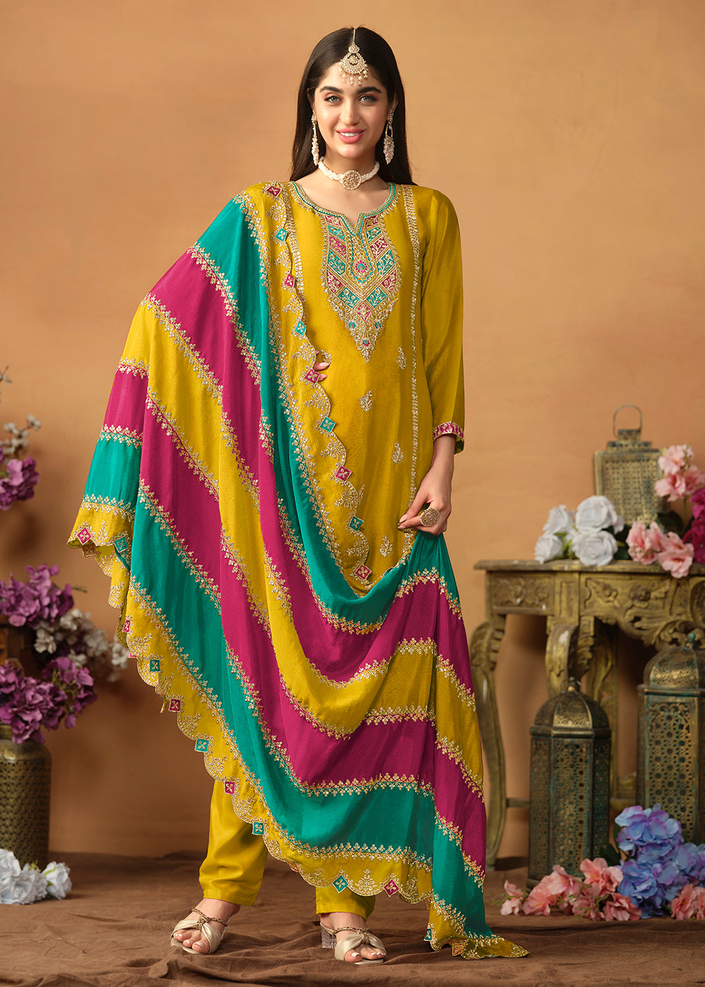 Buy Chinnon Silk Yellow Salwar Suit with Multicolor Dupatta