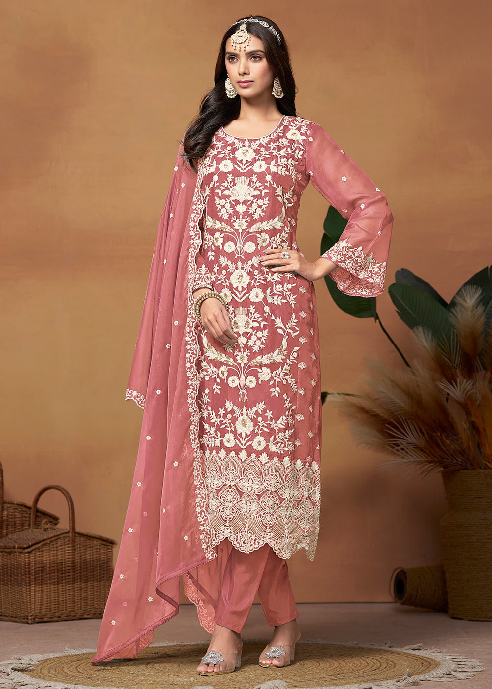 Buy Designer Salwar Suit Amazing Pink Organza Embroidered Suit