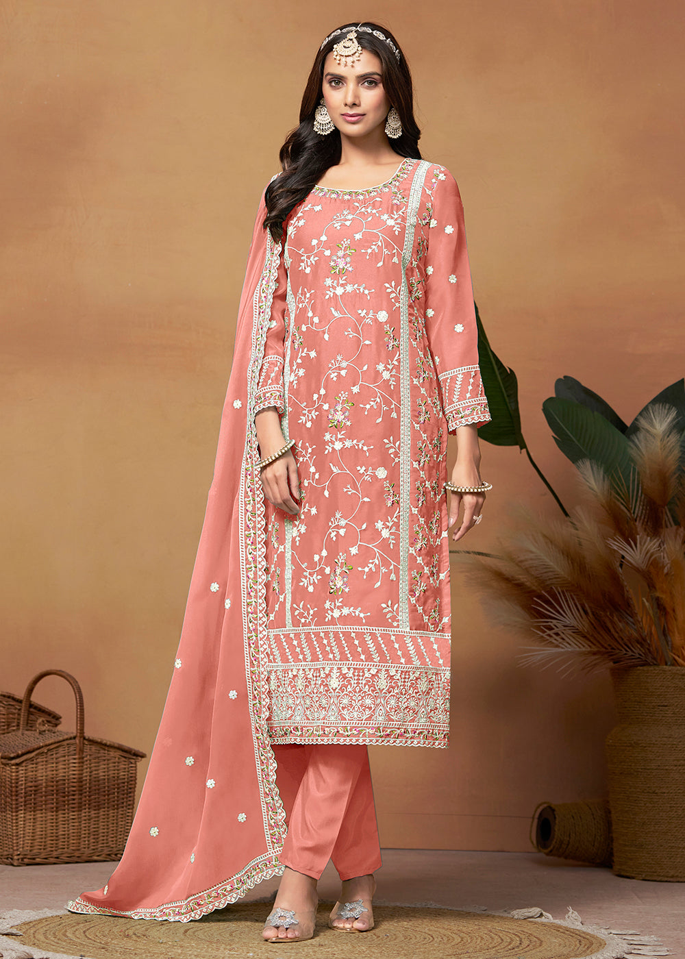 Buy Organza Salwar Suit Pakistani Style Peach Embroidered Suit