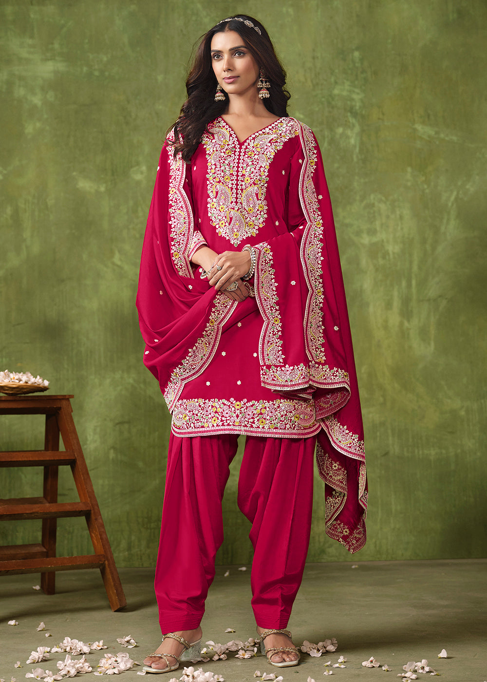 Buy Patiala Style Rani Pink Chanderi Silk Punjabi Suit Online in