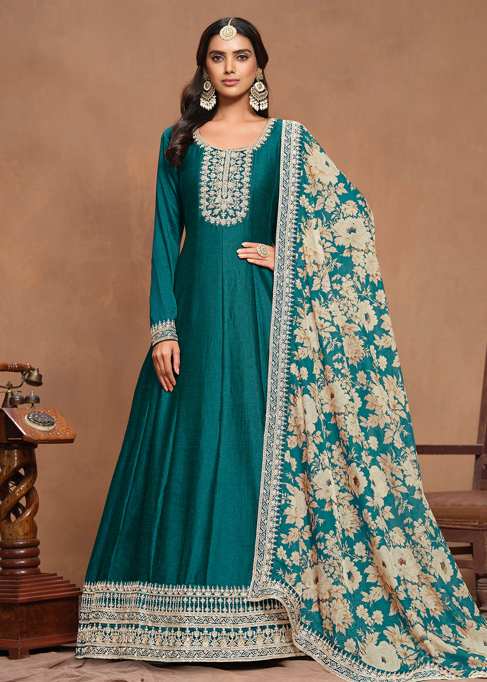 Wedding Anarkali Gown in US Art Silk Teal Embroidered Anarkali