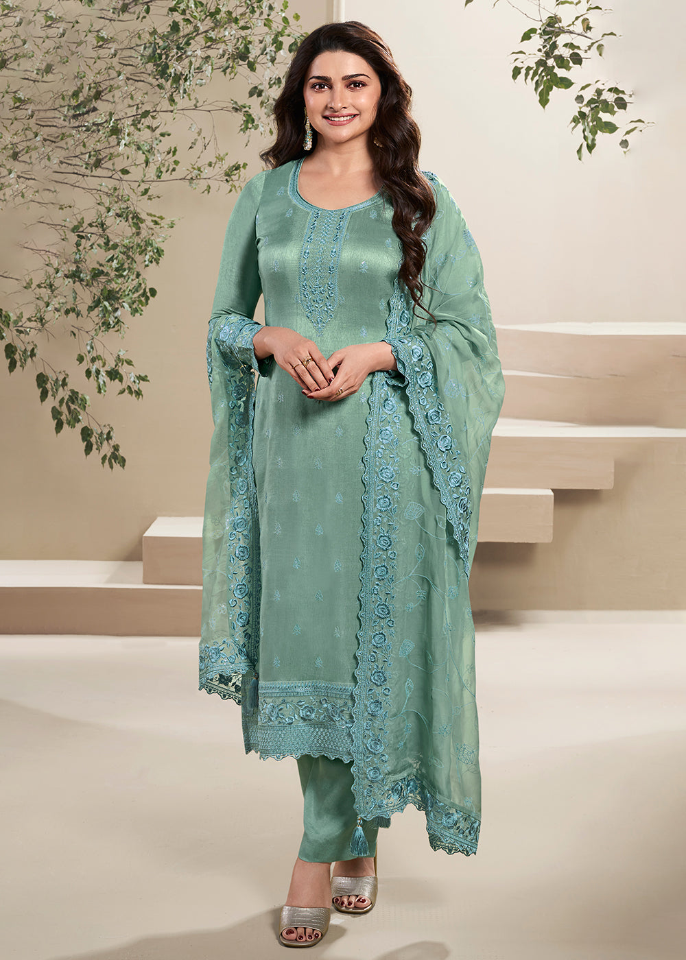 Parrot Green Silk Blend Embroidered Salwar Suit