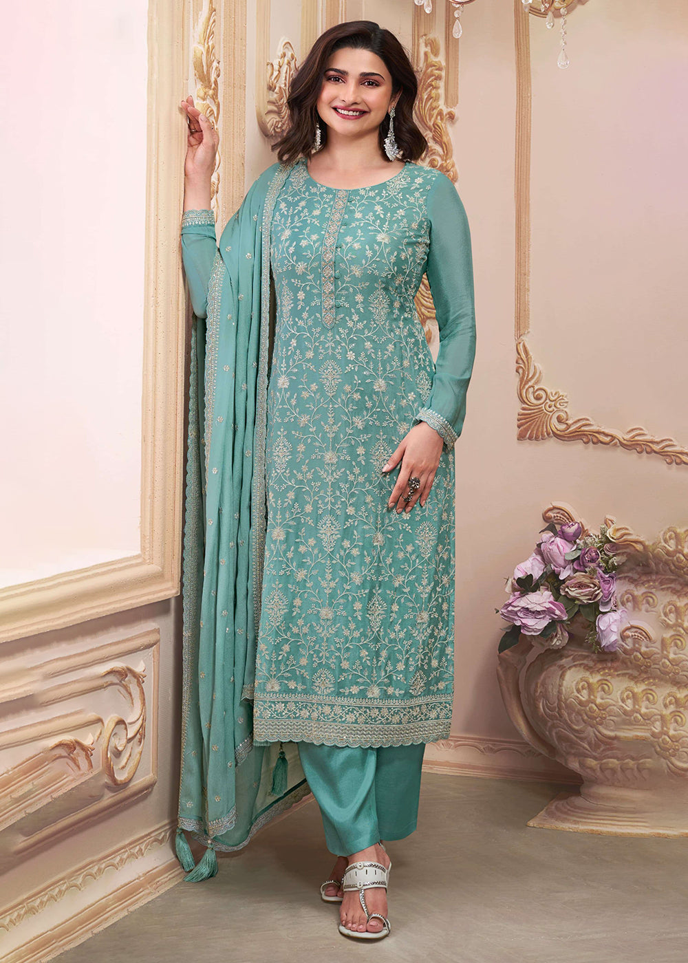 Gorgeous Turquoise Swarovski Embellished Festive Salwar Suit