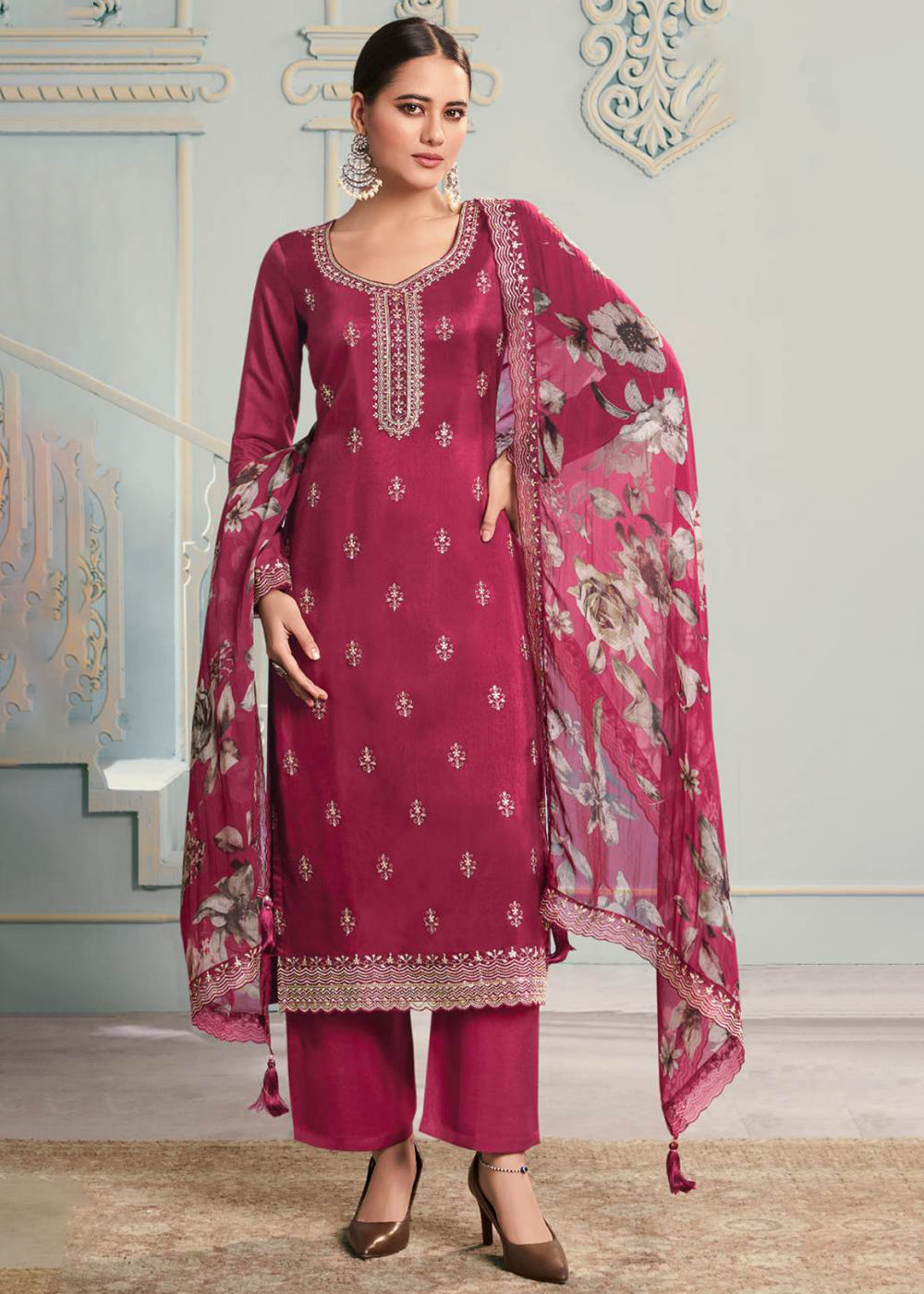 Swarovski Embroidered Magenta Trendy Salwar Suit main image 1