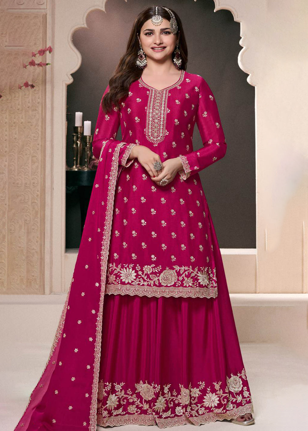 Wedding Sharara Suits Pink Designer Thread Embroidered Sharara