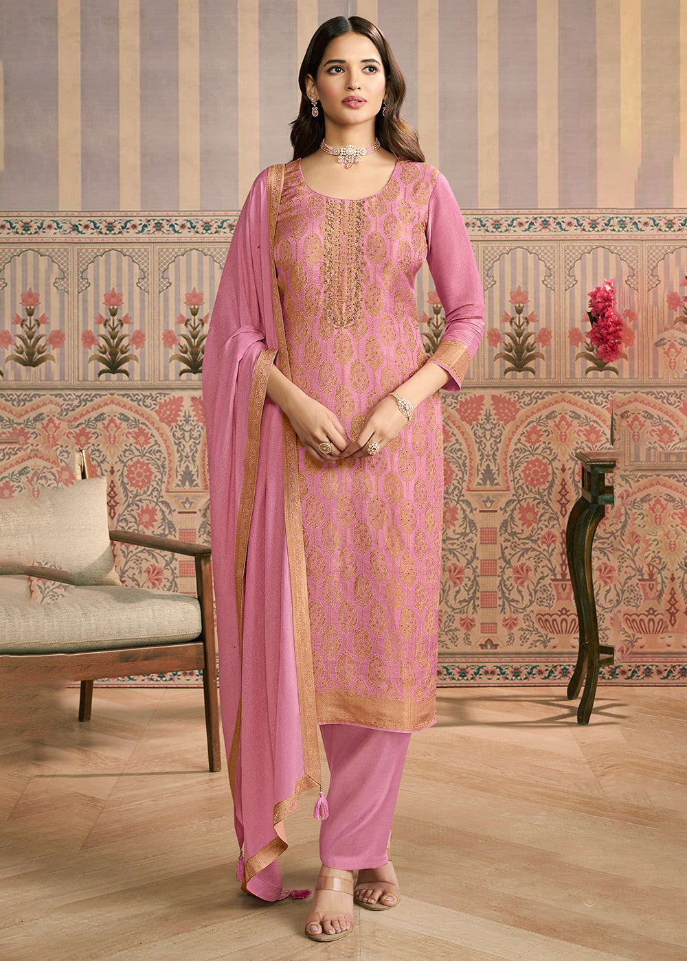 Purple Handwork Shimmer Jacquard Festive Salwar Suit