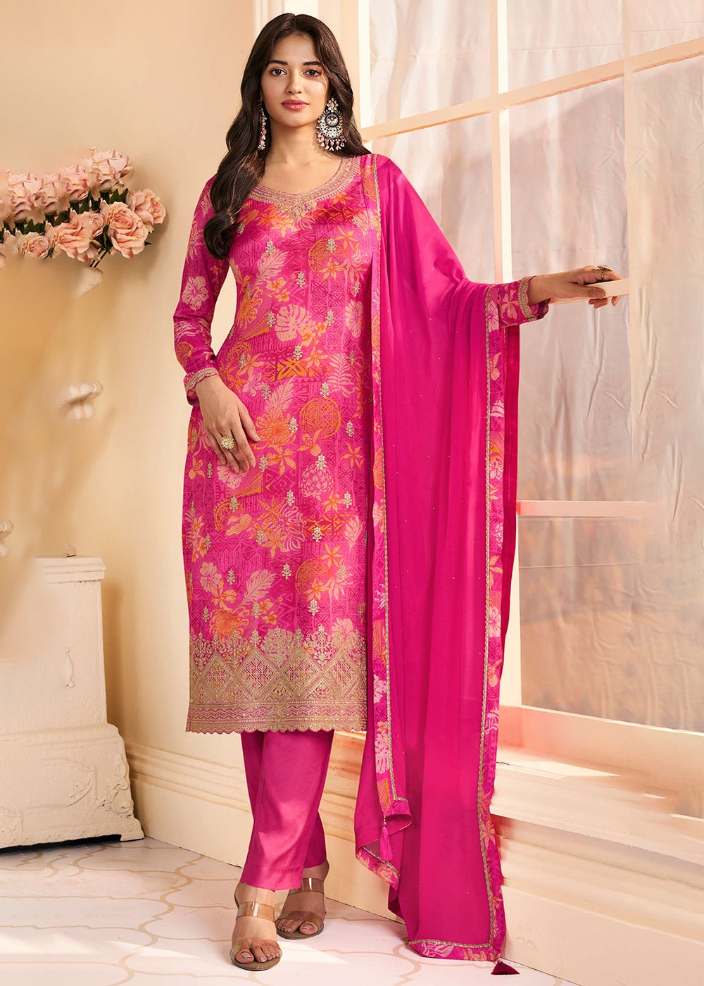 Floral Digital Printed Pink Chinnon Silk Salwar Suit