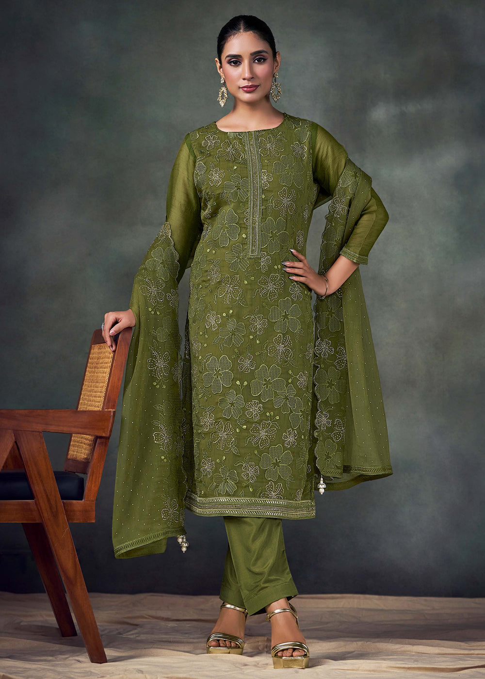 Buy Pakistani Style Suit Italy Olive Green Chiffon Embroidered