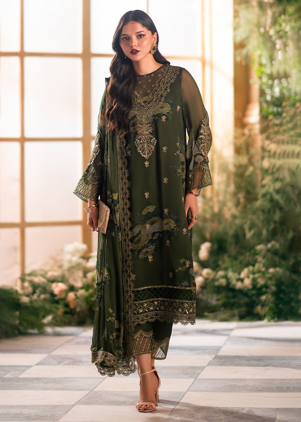 green emerald velvet dress Charizma Embroidered Pakistani Luxury Lawn Dress main image 1