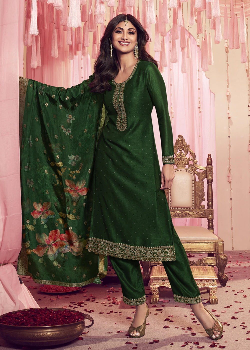 Buy Mehndi Wear Suit Shilpa Shetty Dark Green Salwar Suit