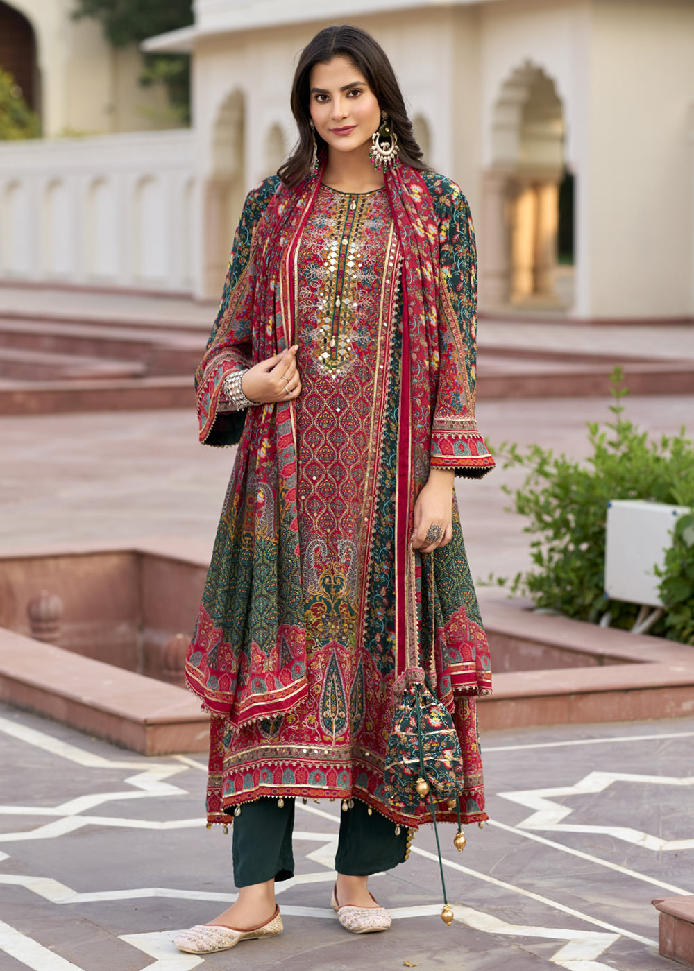 Buy Multicolor Green Embroidered Digital Printed Salwar Kameez