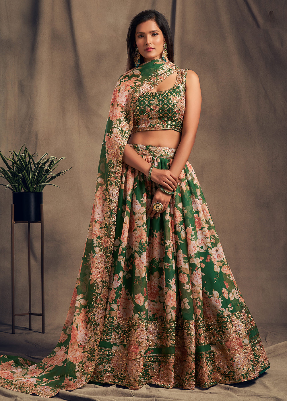 Buy Wedding Lehenga Green Floral Embroidered Organza Lehenga