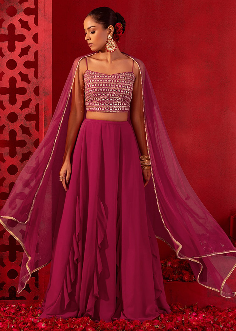 Party Wear Lehenga Choli Adorning Pink Crop Top Style Lehenga