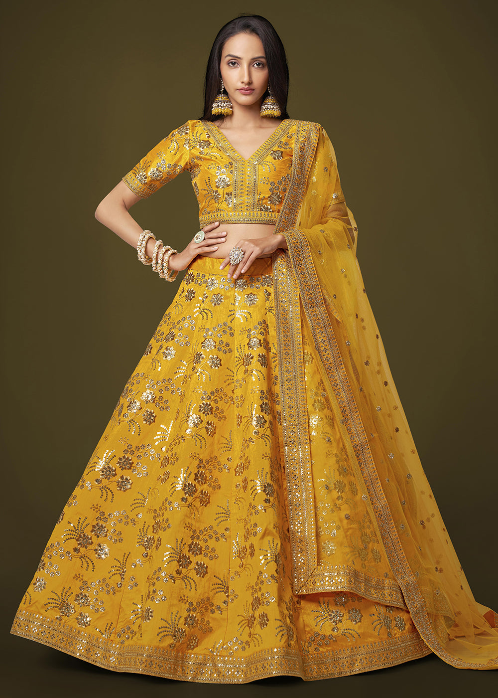 Designer Lehenga Sequin Zari Embroidered Yellow Silk Lehenga
