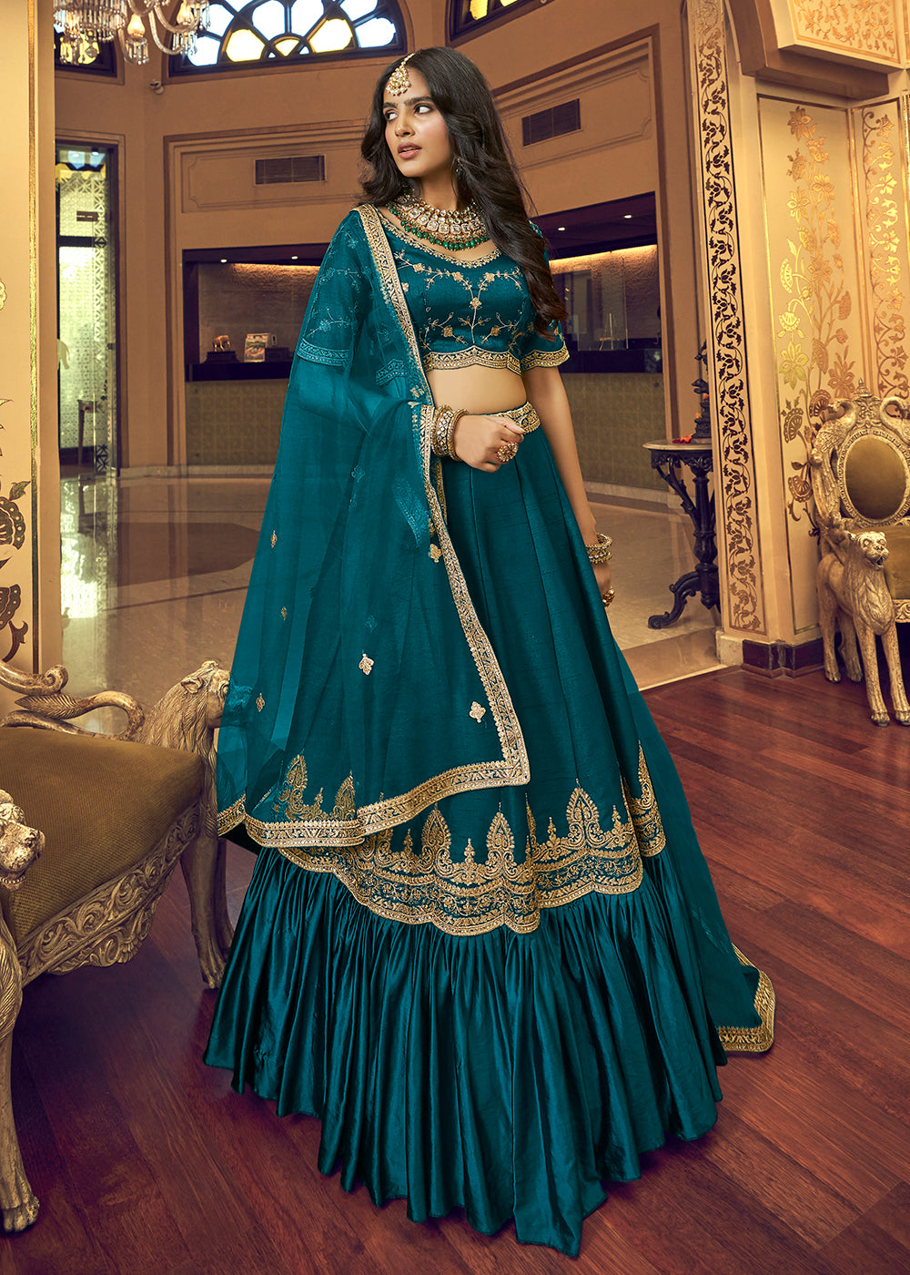 Delightful Rama Blue Lino Silk Ruffle Party Wear Lehenga Choli