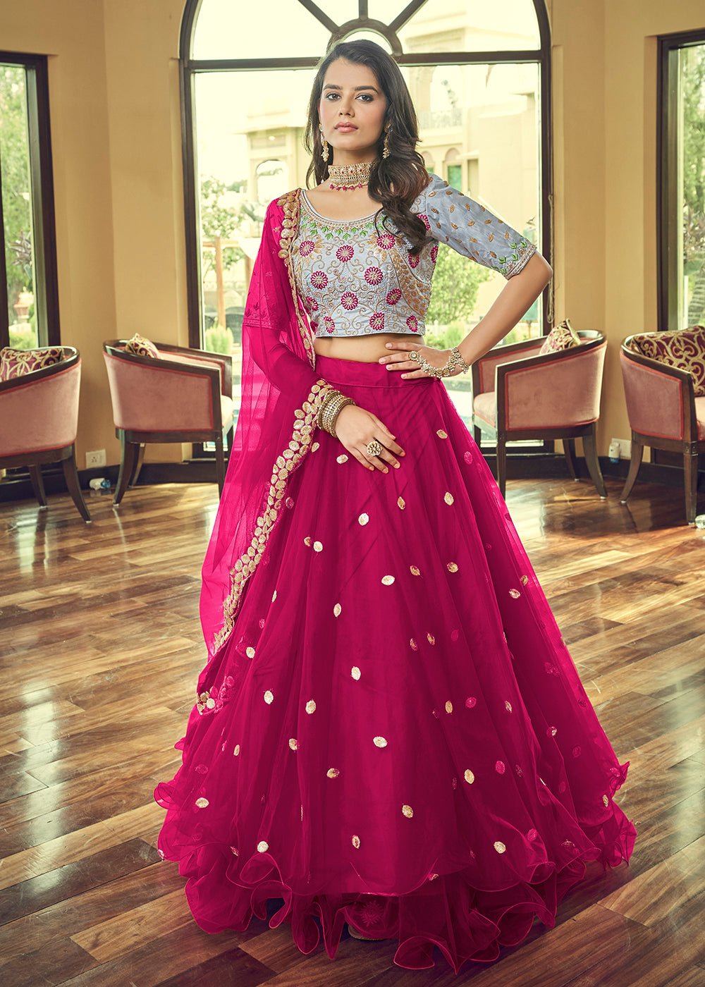 Pink Lehengas For Party Light Pink Color Net Sequence Thread Work