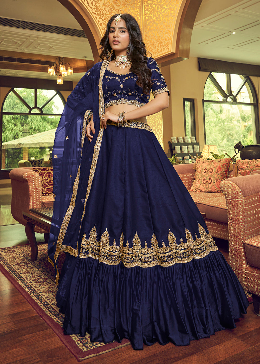 Buy Party Wear Lehenga Charming Navy Blue Lino Silk Ruffle