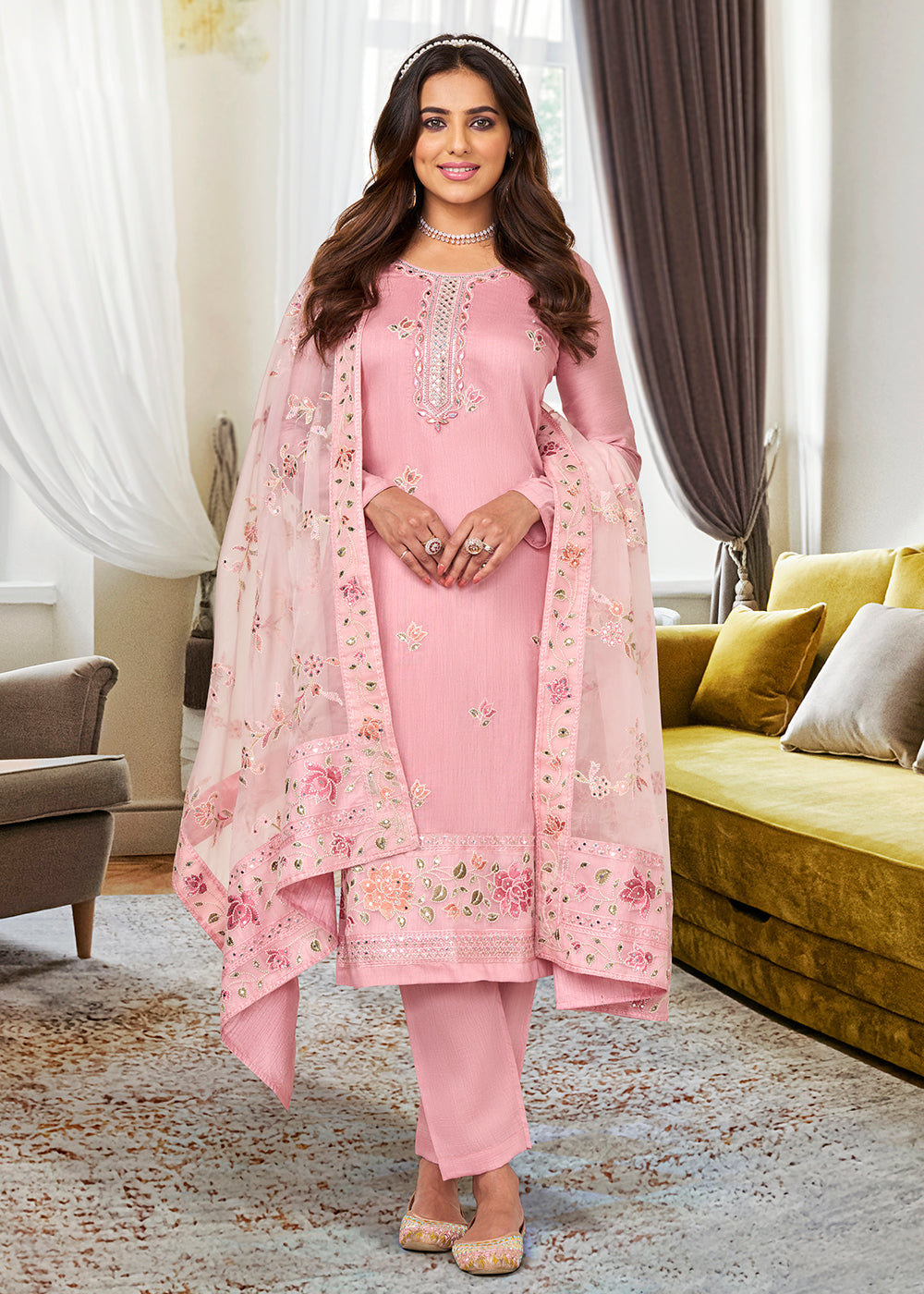 Buy Embroidered Salwar Suit Viscose Silk Brilliant Pink Salwar