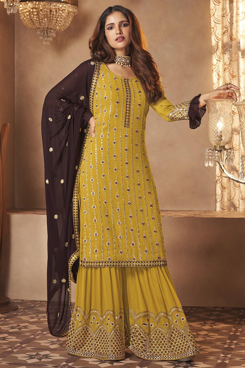 Faux Georgette Pretty Yellow Designer Sharara Suit
