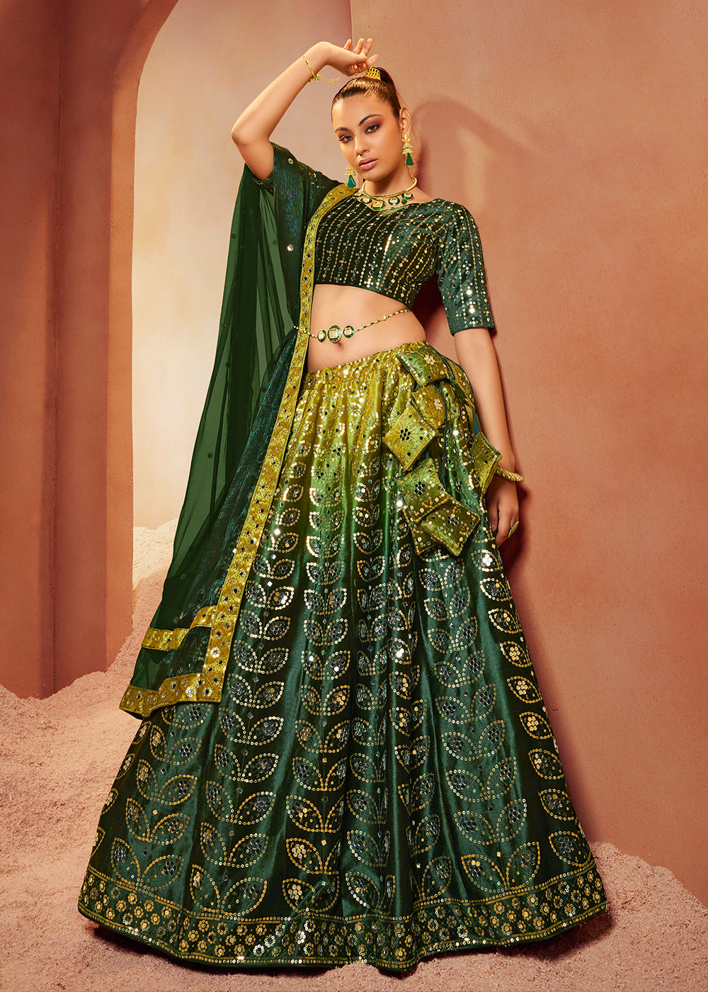 Buy Bridal Lehenga Choli - Green Velvet Hand Embroidered Lehenga Choli –  Empress Clothing