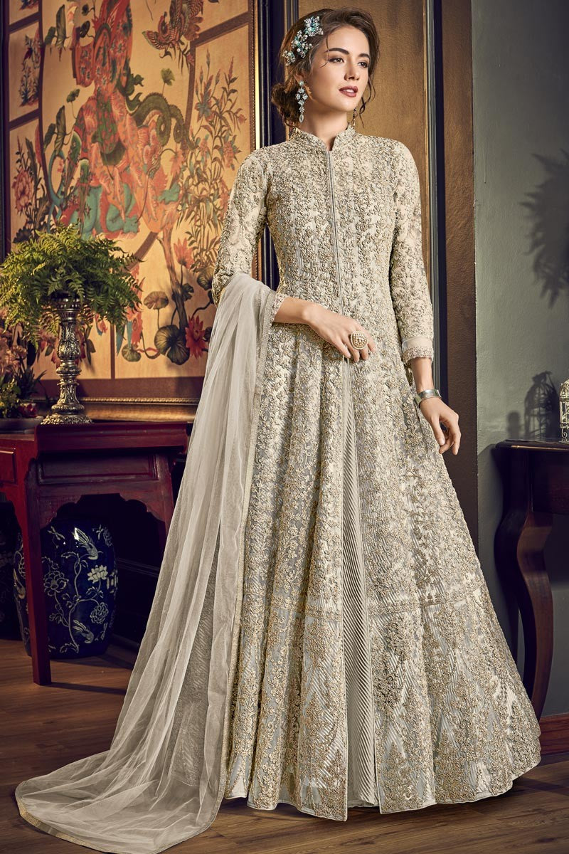 Buy Off White Fancy Jacket Style Embroidered Anakarli Suit
