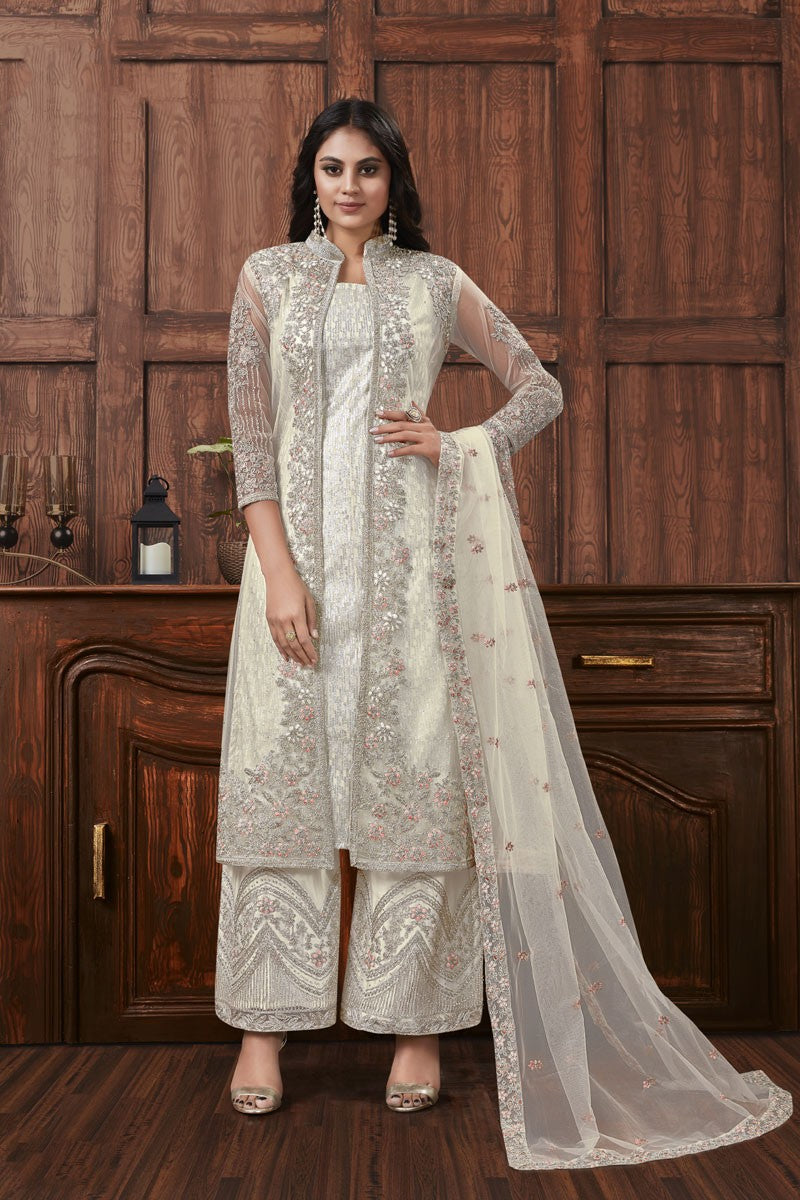 Buy White Color Embroidered Jacket Style Palazzo Suit – Empress