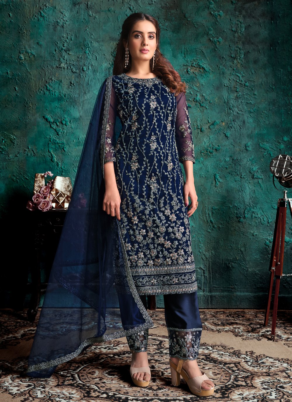 navy blue dress pakistani Andaaz Fashion Women's Pakistani Navy Blue Net Wedding Lehenga With Long Choli