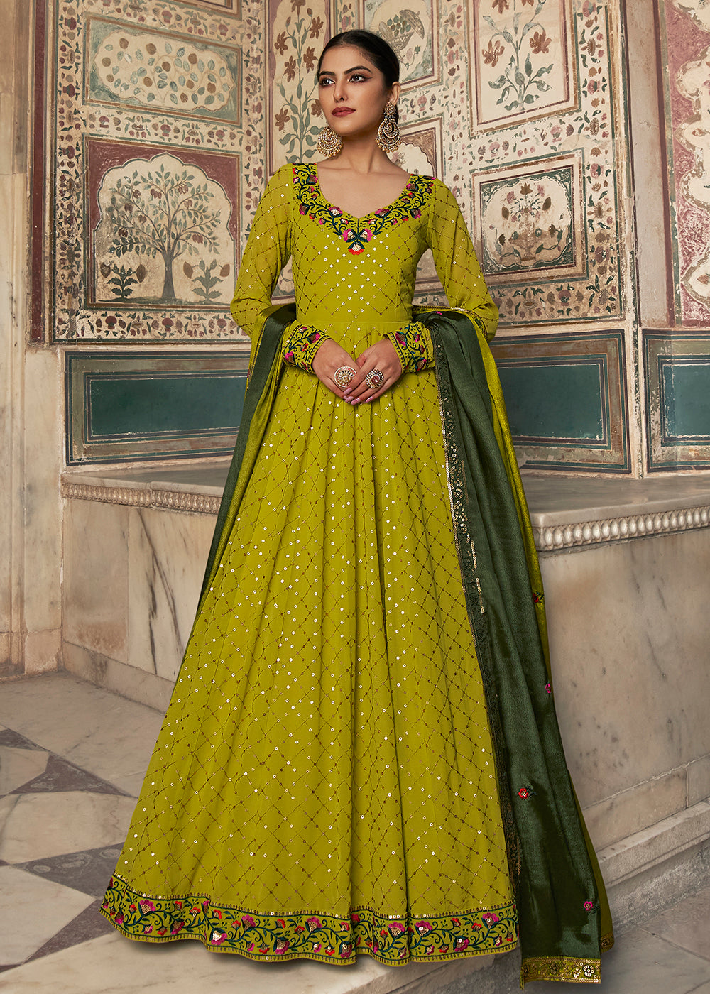 Buy Party Festive Gown - Cherishing Lime Green Sequin Georgette Gown Empress Clothing Buy Party Festive Gown - Cherishing Lime Green Sequin Georgette Gown Empress Clothing