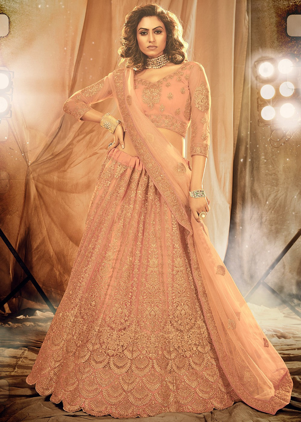 Peach Bridal Embroidered Net Lehenga Choli
