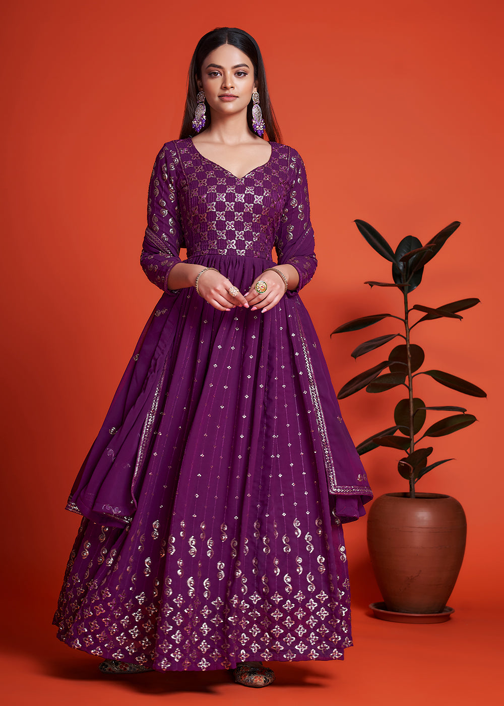 Buy Long Anarkali Designer Blooming Georgette Plum Purple
