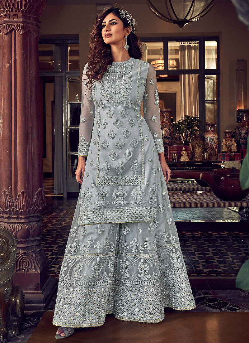 Lovable Pastel Grey Embroidered Party Wear Sharara Suit Lovable Pastel Grey Embroidered Party Wear Sharara Suit