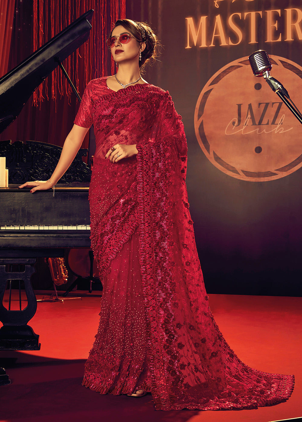 Shop Now Bridal Party Luxurious Red Premium Net Contemporary Saree from Empress Clothing in USA, UK, Canada & Worldwide. 