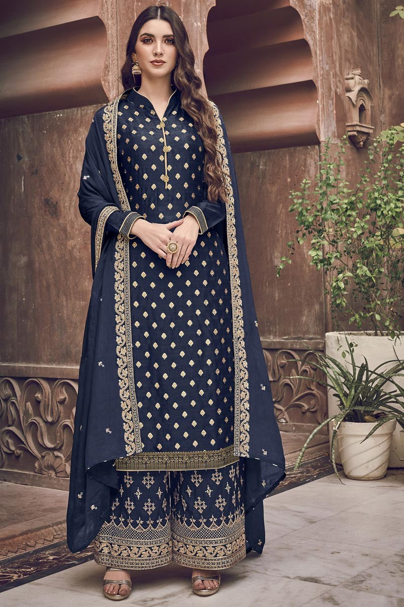 Women Aqua Blue Premium Net Embroidered Traditional Palazzo Suit