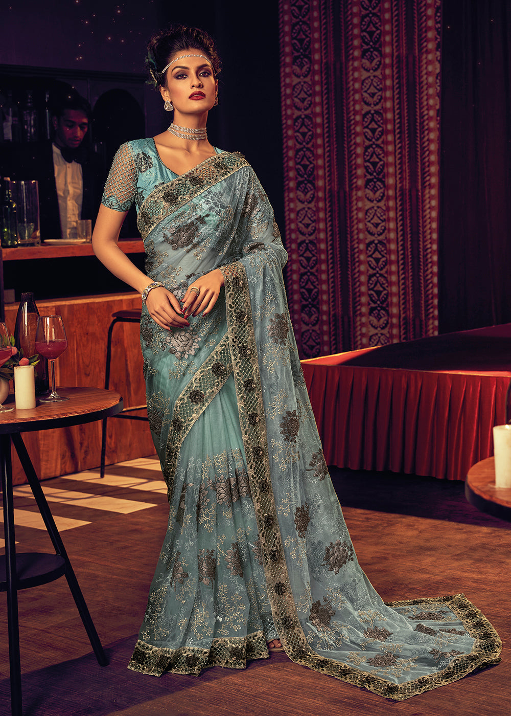 Buy Designer Saree Bridal Party Phenomenal Sea Green Premium Net
