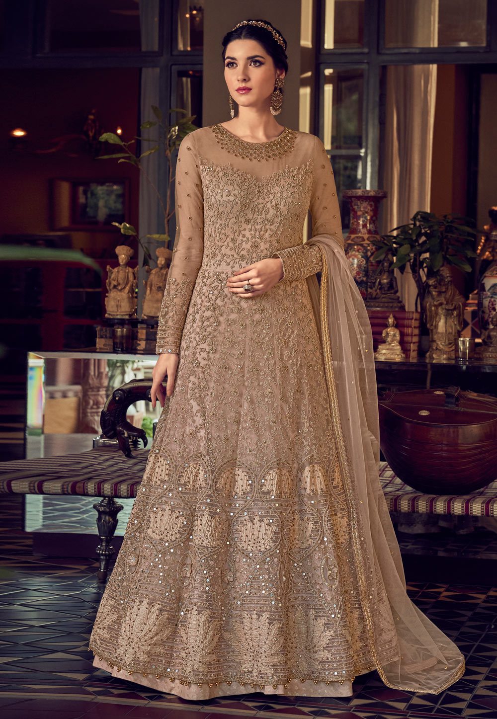 Brown Anti Fit Anarkali Suit Set main image 0