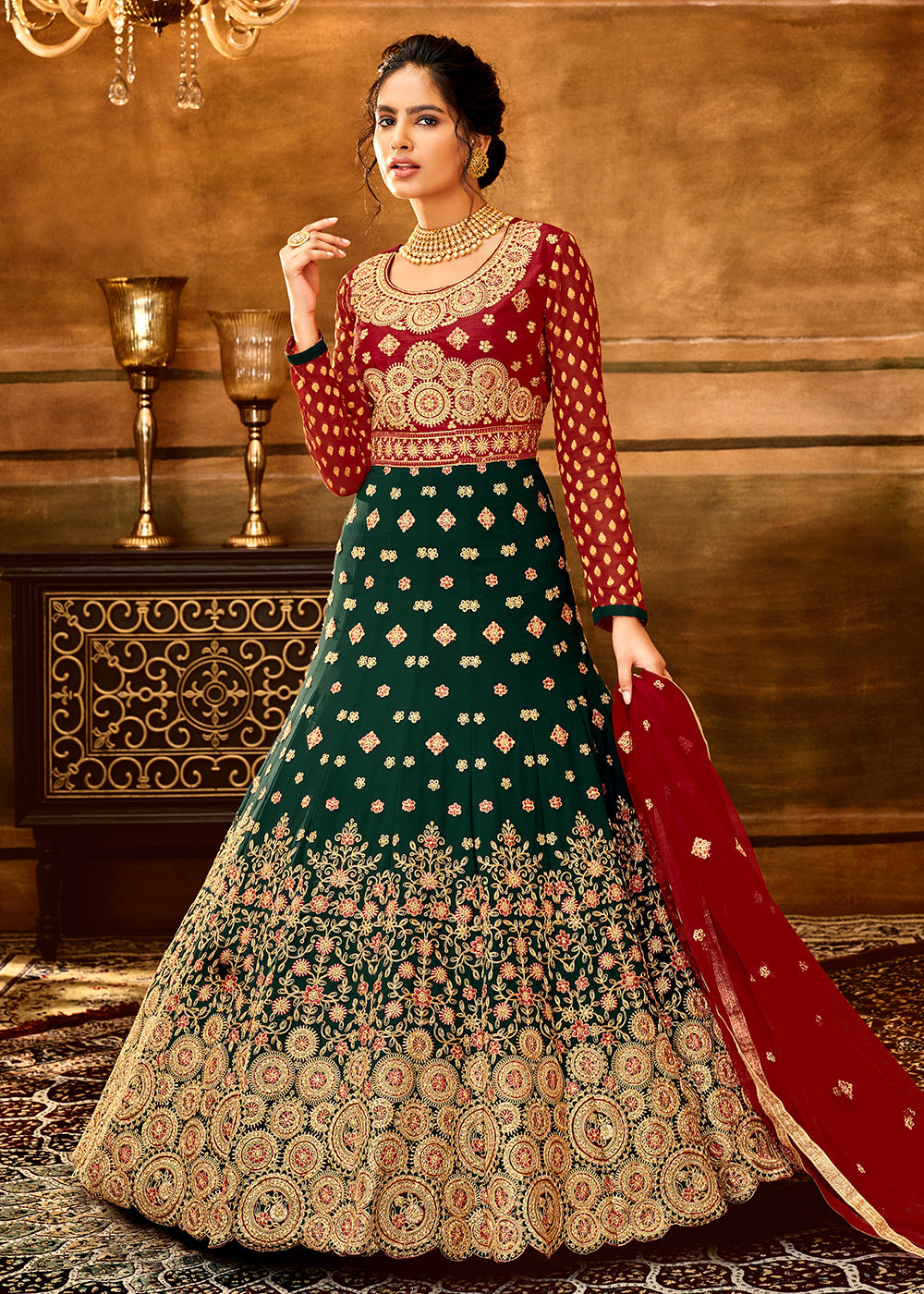 Buy Wedding Anarkali - Trendy Red & Green Embroidered Anarkali Gown Empress Clothing Buy Wedding Anarkali - Trendy Red & Green Embroidered Anarkali Gown Empress Clothing