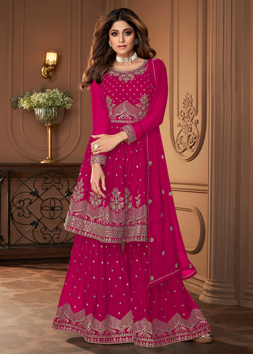 Peplum Designed Hot Pink Embroidered Sharara Suit Peplum Designed Hot Pink Embroidered Sharara Suit