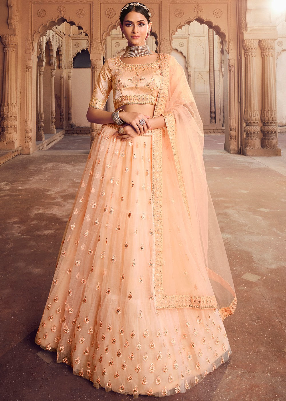 Buy Heavy Wedding Lehenga - Wondrous Light Orange Tiered Lehenga Choli Empress Clothing Buy Heavy Wedding Lehenga - Wondrous Light Orange Tiered Lehenga Choli Empress Clothing
