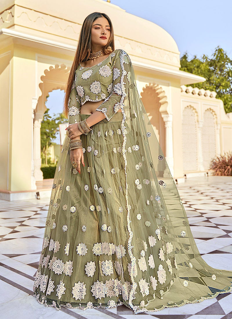 Buy Sage Green Mirror Embellished Lehenga - Wedding Lehenga Choli Buy Sage Green Mirror Embellished Lehenga - Wedding Lehenga Choli