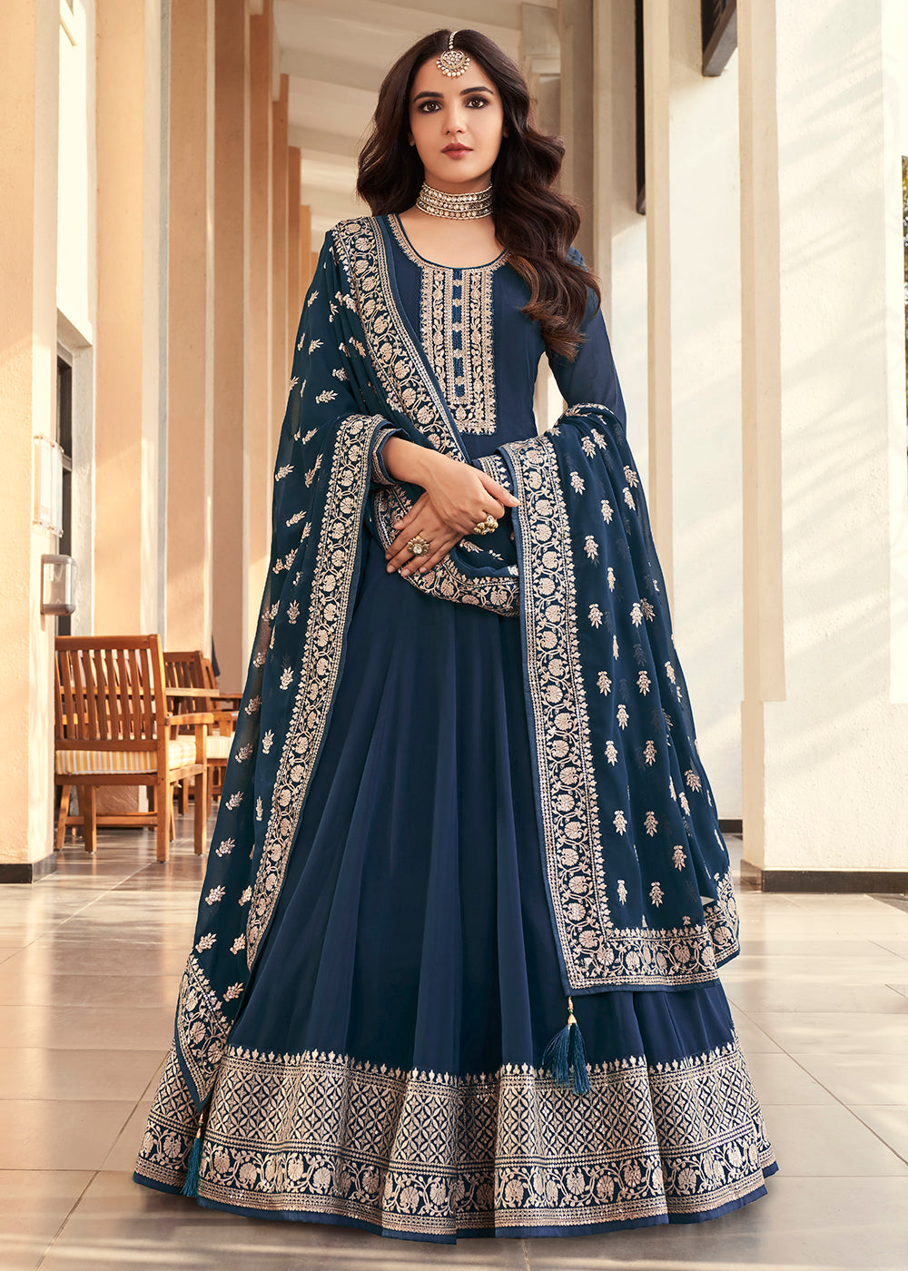 Georgette Navy Blue Embroidered Indian Long Anarkali Dress