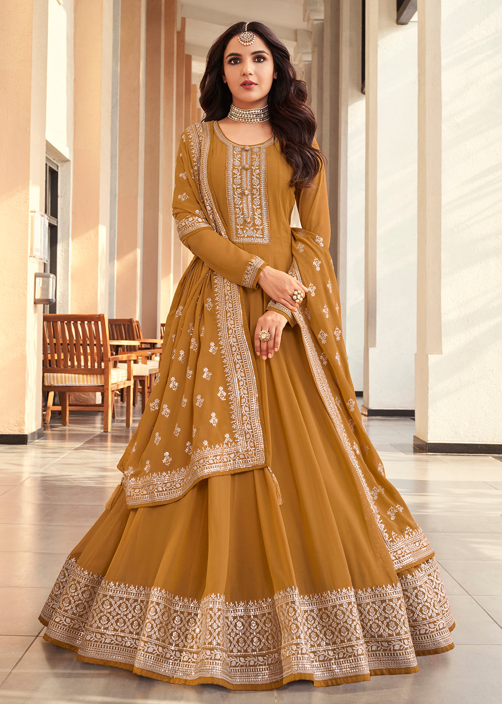 Indian Long Anarkali - Georgette Mustard Yellow Embroidered Anarkali Empress Clothing Indian Long Anarkali - Georgette Mustard Yellow Embroidered Anarkali Empress Clothing