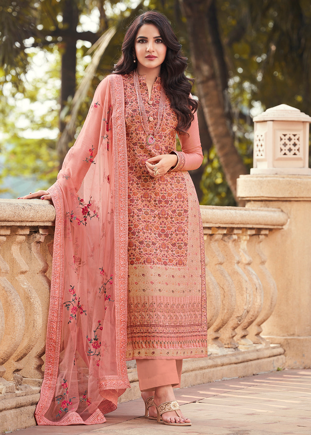 Buy Pant Style Salwar Kurta Set Peachy Pink Viscose Jacquard