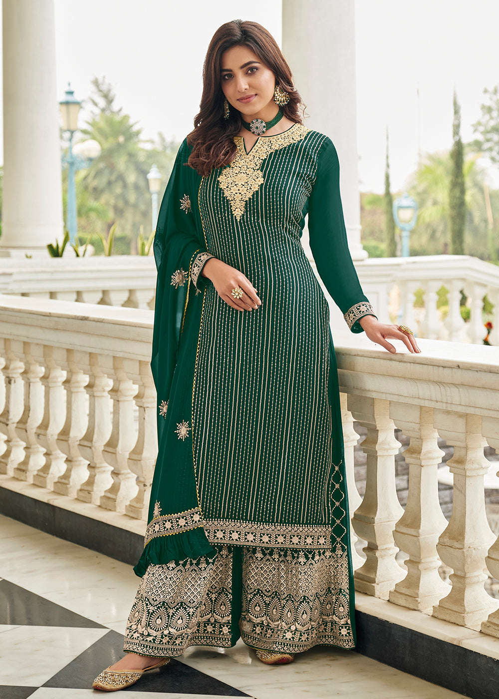 green plazo dress Elegant Bottle Green Resham & Zari Work Palazzo Salwar Suit
