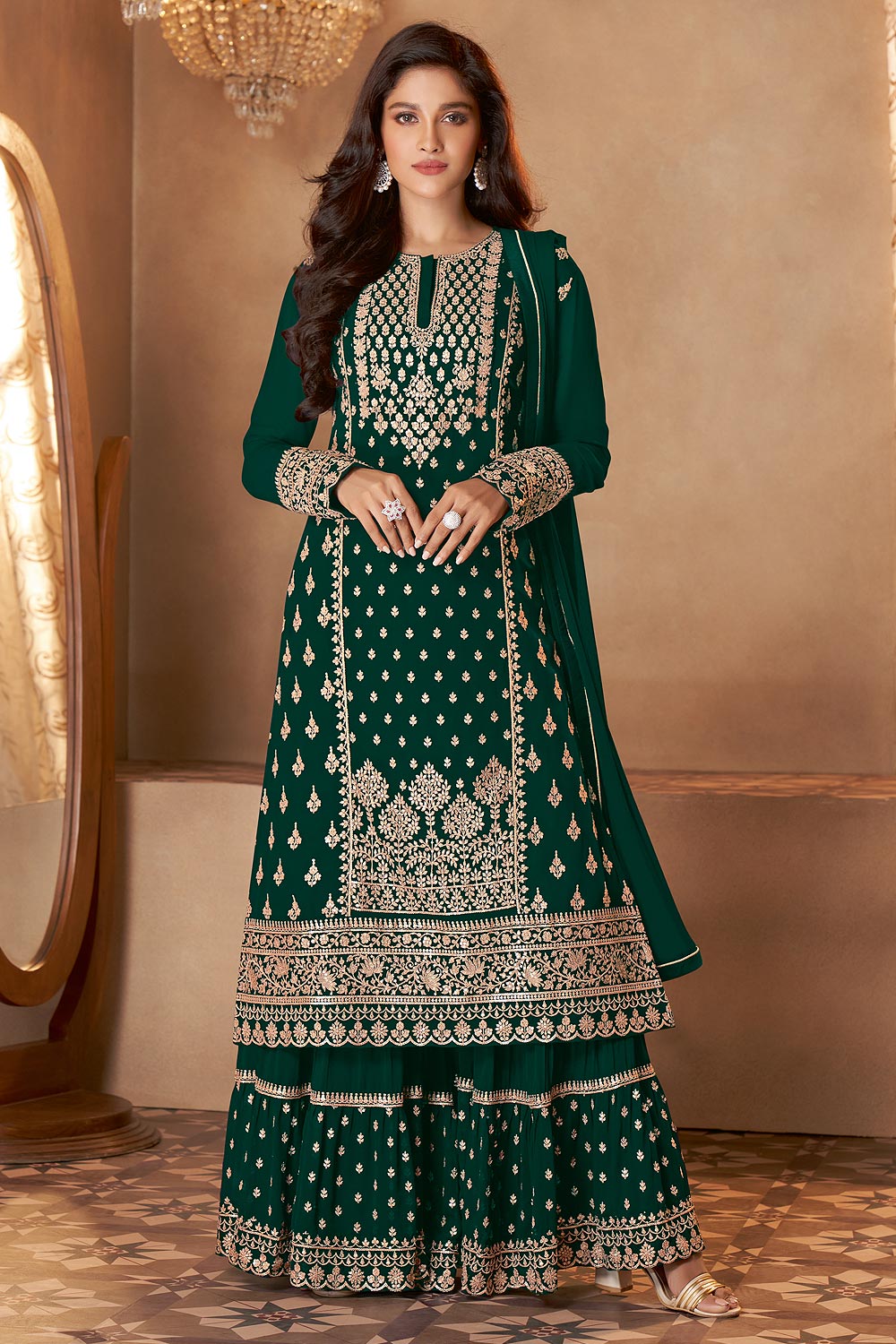 Dark Green Straight Cut Georgette Designer Sharara Suit Dark Green Straight Cut Georgette Designer Sharara Suit