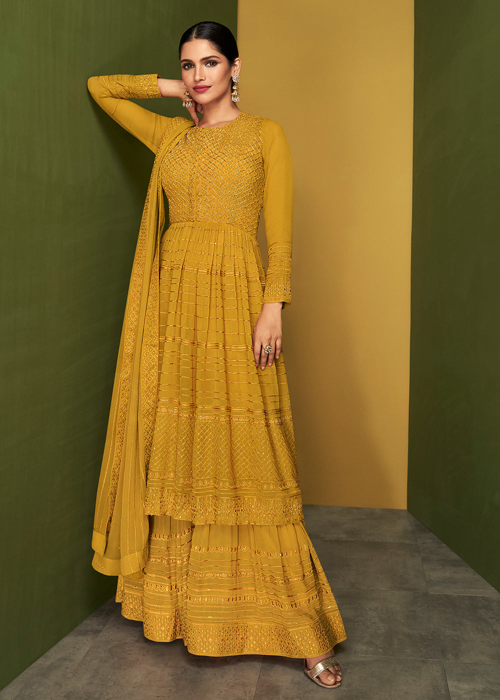 Buy Mustard Yellow Anarkali Style Suit - Designer Palazzo Salwar Suit Empress Clothing Buy Mustard Yellow Anarkali Style Suit - Designer Palazzo Salwar Suit Empress Clothing