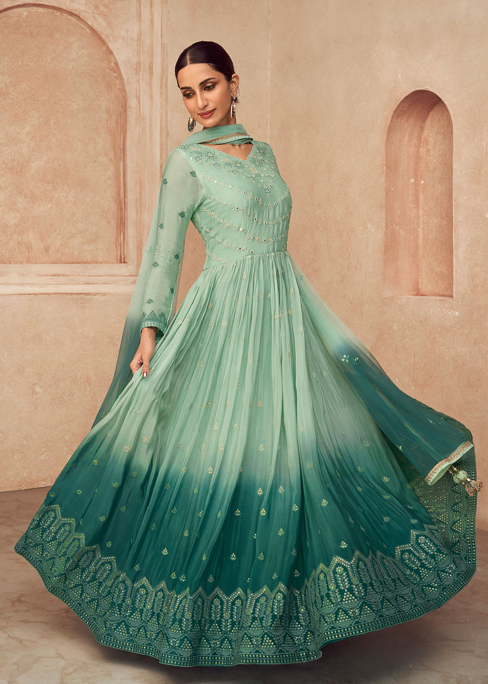 Buy Wedding Gown Aqua Green Shaded Georgette Anarkali Gown