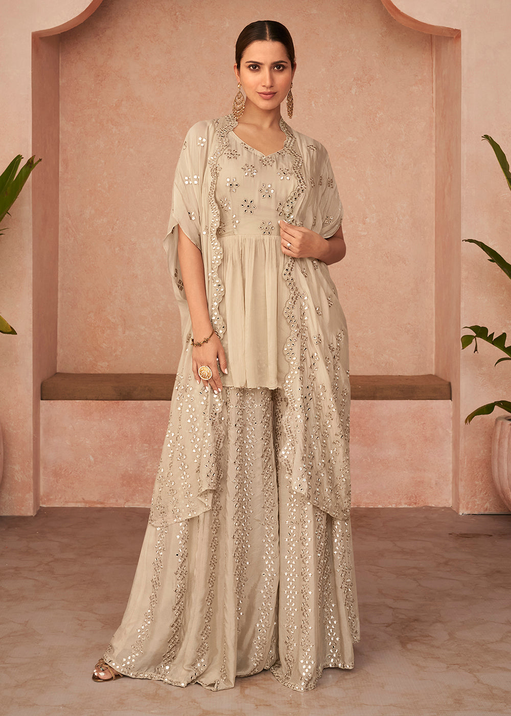 Buy Kurti Style Suit - Designer Creamy Beige Jacket Style Palazzo Suit Empress Clothing Buy Kurti Style Suit - Designer Creamy Beige Jacket Style Palazzo Suit Empress Clothing