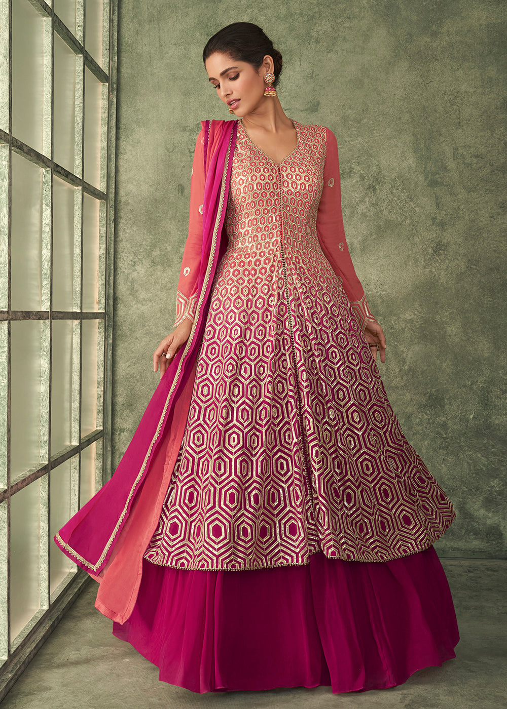 Buy Kurti Style Anarkali Lehenga Style Ombre Pink Magenta